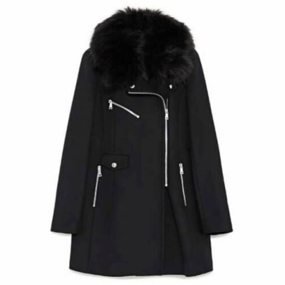 Zara Wool Blend Moto Double Zip Coat Jacket Black Size XS